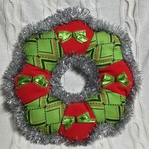 VINTAGE Homemade‎ Christmas Tinsel 14" Round Hanging Fabric Wreath Ribbon Bows